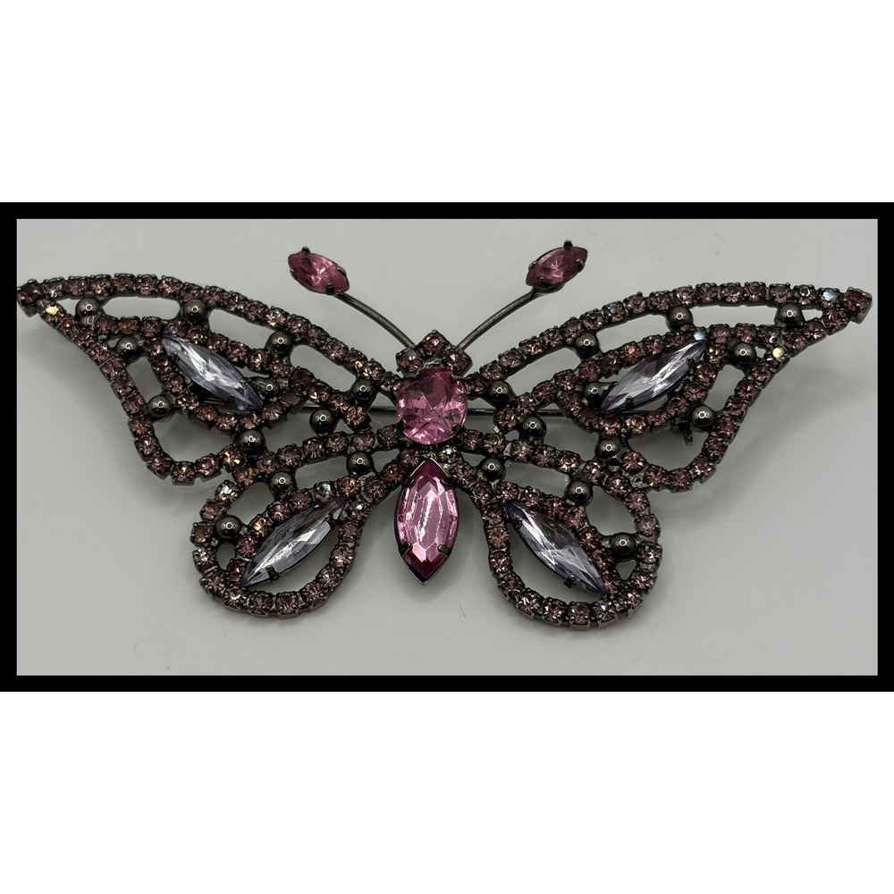 Vintage‎ Butterfly Brooch Pink Rhinestone Crystal Silver Tone Pin